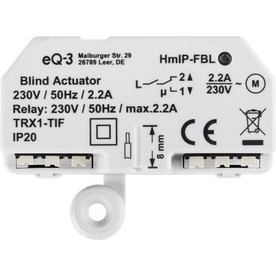 'Blind Actuator' Gerät zur Steuerung von Jalousien, 230V/50Hz, mit technischen Symbolen und Spezifikationen auf weißem Gehäuse.