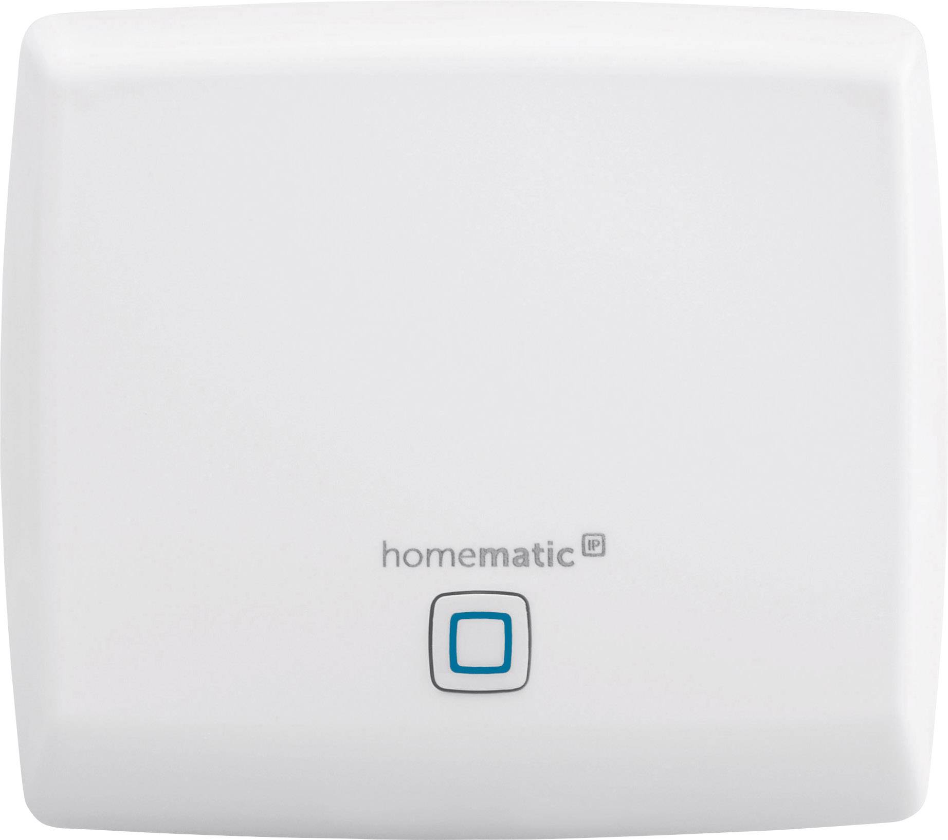 Ein weißer Homematic IP Wandschalter mit einem blauen Knopf in der Mitte, zur Steuerung von Smart-Home-Geräten.