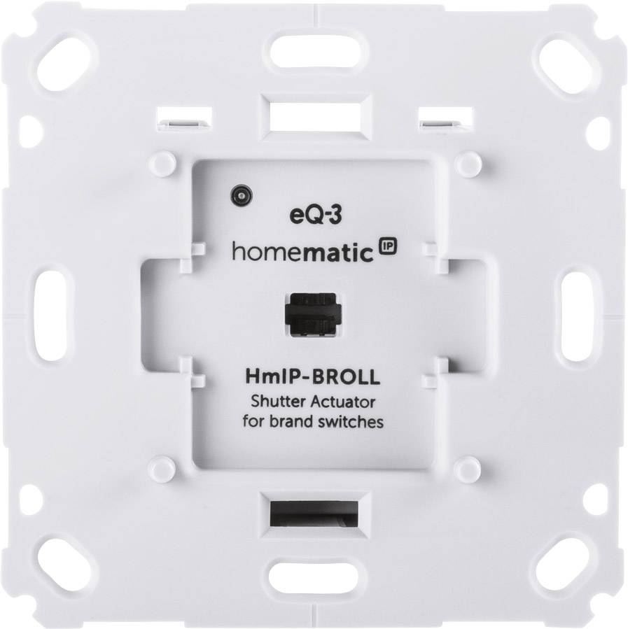 Weißes Homematic IP Rollladensteuergerät für Markenschalter, Modell 'HmIP-BROLL', mit zentralem quadratischem Schalter.