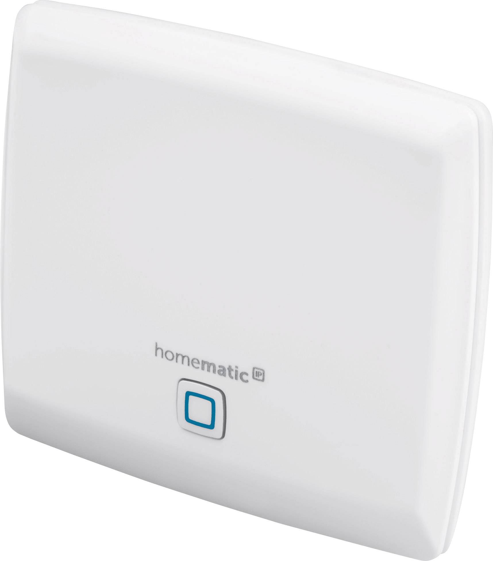 Ein weißer, quadratischer Hub mit dem Logo 'homematic IP' und einem blauen Knopf in der Mitte.
