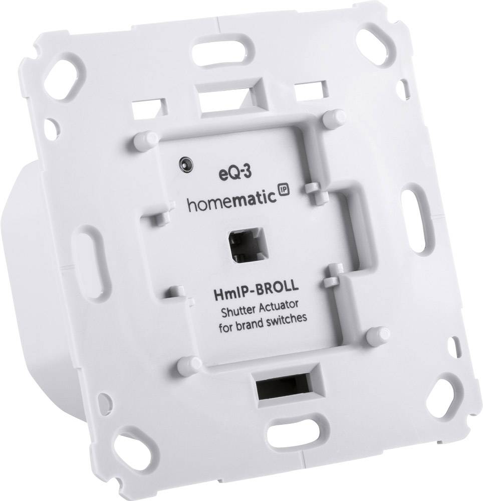 Ein weißer Rollladenaktor von Homematic IP, Modell HmIP-BROLL, für Markenschalter. Rückansicht des Geräts mit Montageöffnungen.