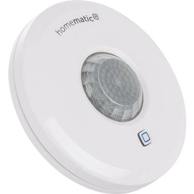 Ein runder, weißer Bewegungssensor von 'Homematic IP' mit einem rechteckigen Knopf auf der Vorderseite.