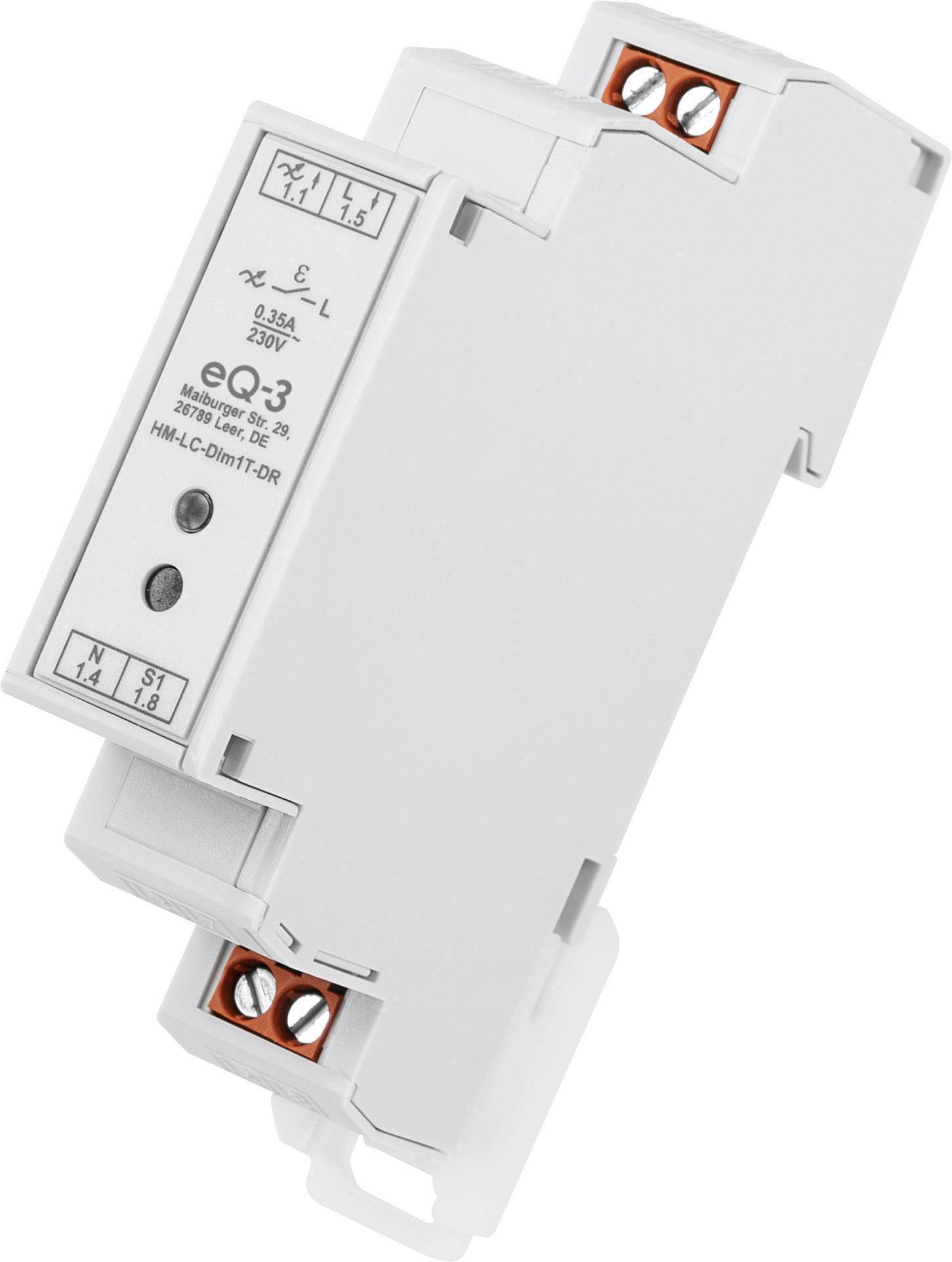 Ein graues DIN-Schienenmontagegerät mit Anschlüssen und Aufdruck 'eq-3' und technischer Spezifikation für die Steuerung elektrischer Geräte.