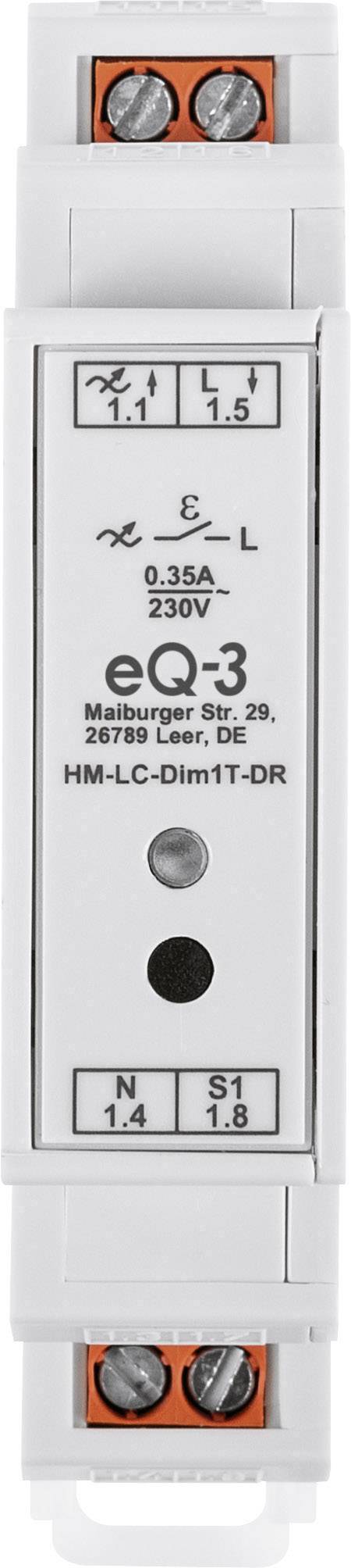Hutschienen-Dimmer mit Beschriftungen für elektrische Anschlüsse und Modellnummern, geeignet für 230V bei 0,35A.
