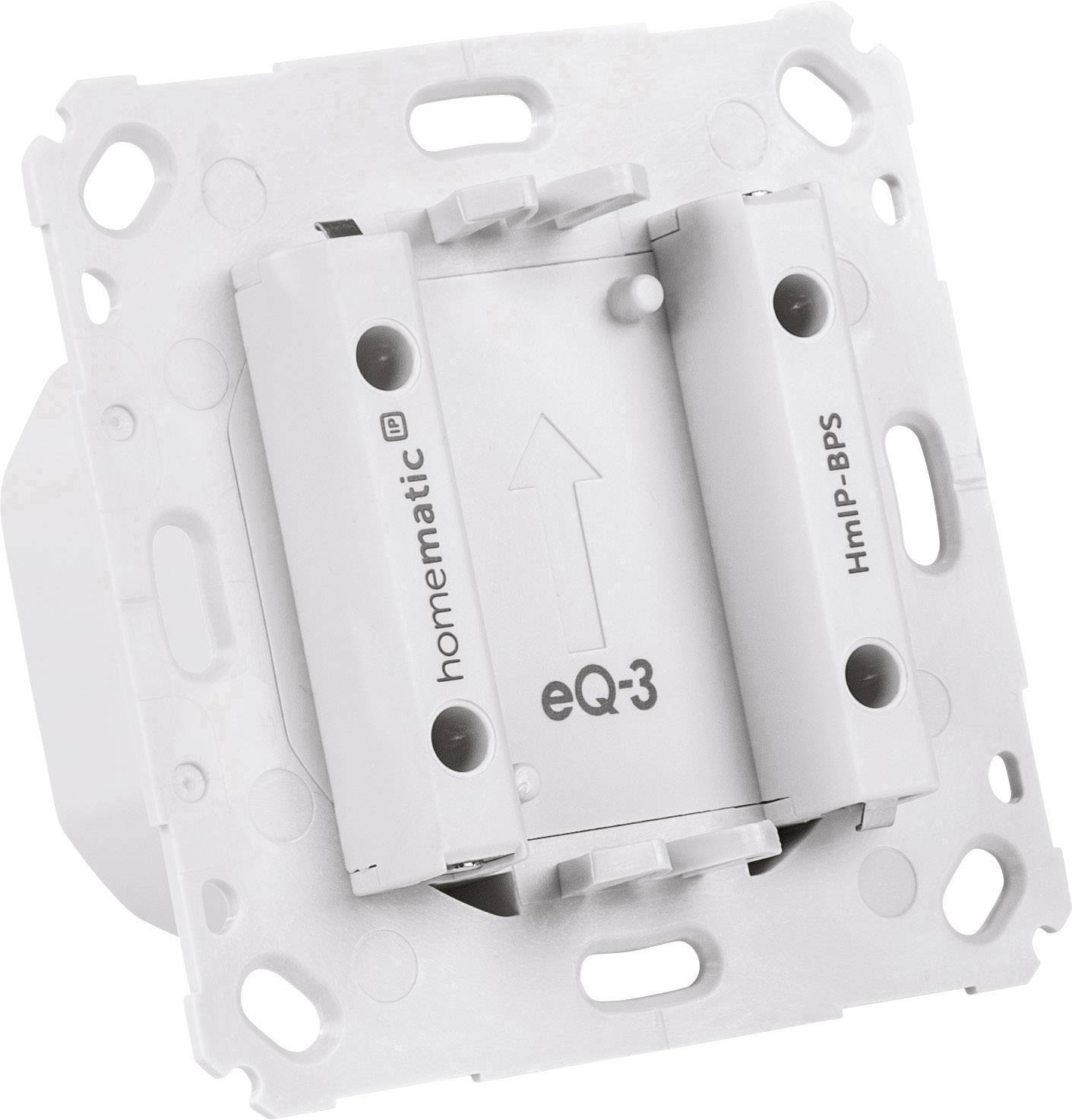 Unterputz-Schaltaktor der Marke Homematic, Modell HmIP-BPS, mit Pfeilsymbol auf der Vorderseite, geeignet für elektrische Installationen.