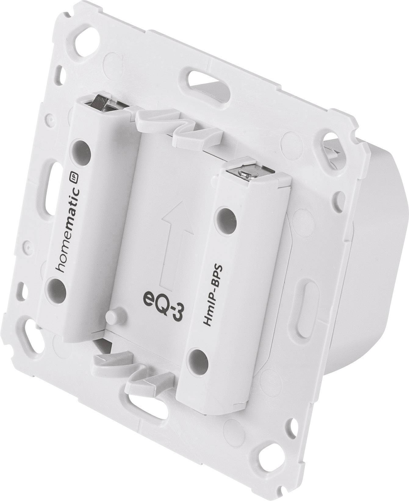 Schalterunterputz-Einsatz von Homematic. Weißes Gehäuse mit zwei seitlichen Aufnahmen für Tasten oder Abdeckungen. Marke: eQ-3.
