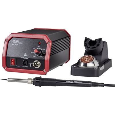 Lötstation mit Ständer und Lötspitzenfilter. Hauptgerät mit Temperaturregler und Anzeige. Schwarze und rote Farben.