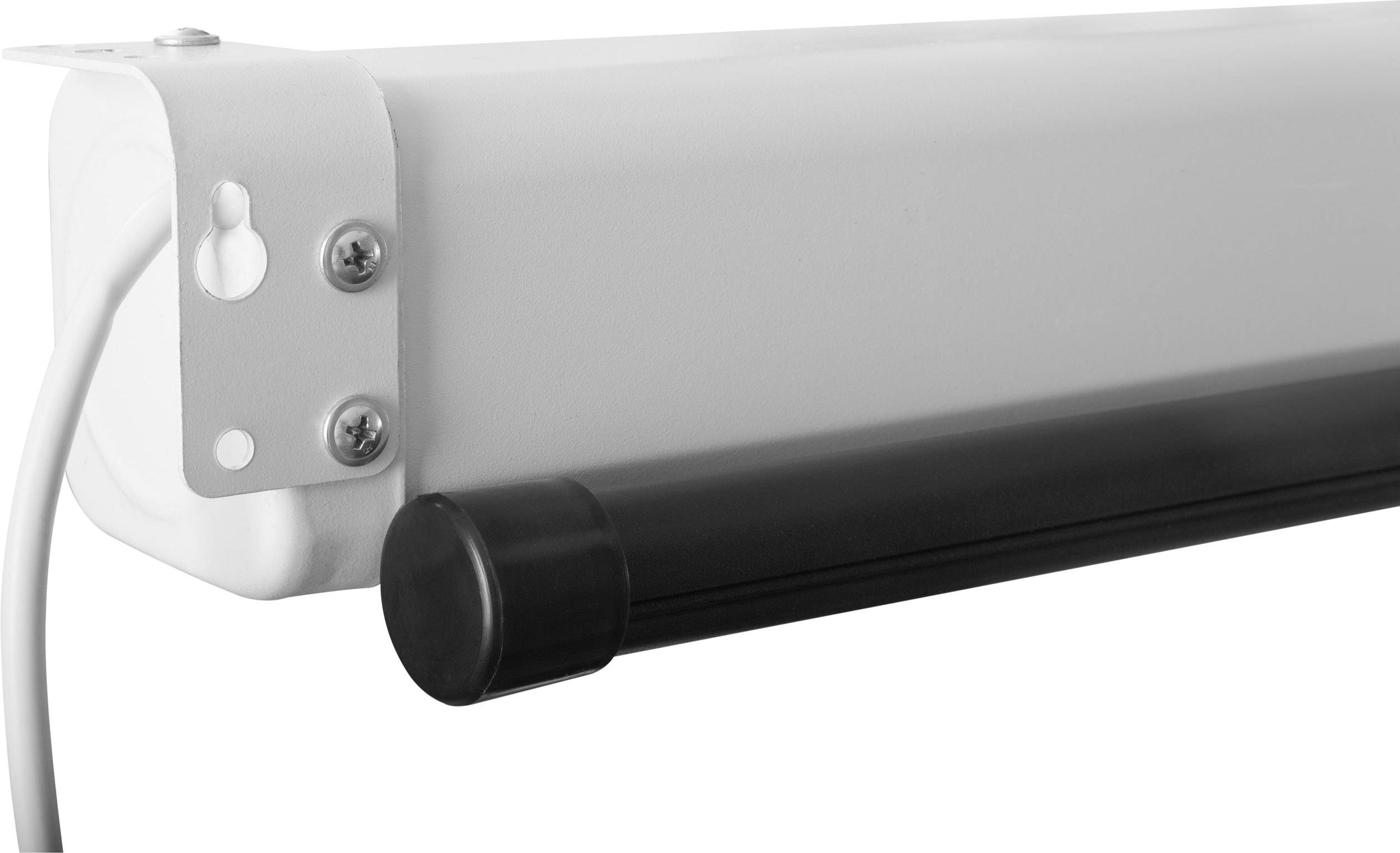 Elektrische Rollladenmotorhalterung mit Kabel. Weiße Halterung und schwarzes zylinderförmiges Element.