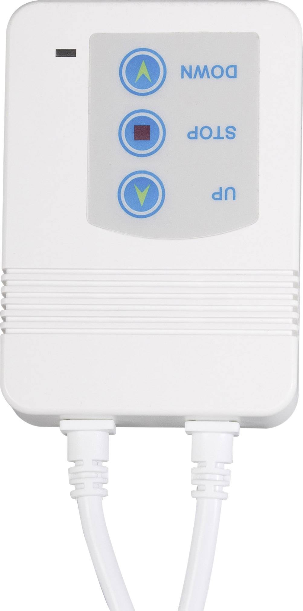 Ein weißes Steuergerät mit drei blauen Tasten: 'DOWN', 'STOP', 'UP'. Zwei Kabel führen aus dem unteren Teil des Geräts.