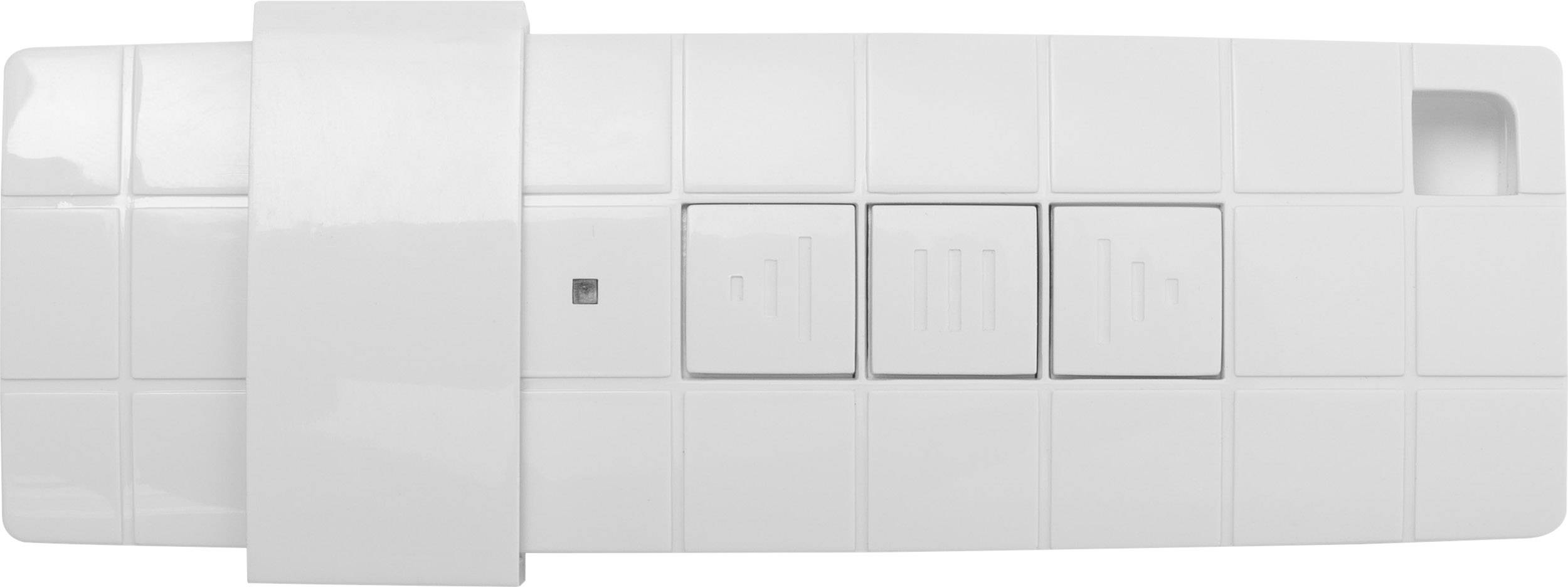 Weiße Fliesen mit integriertem Schalter und kleinem quadratischem Element in der Mitte; modernes Design-Element für Innenräume.