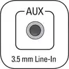 '3.5 mm Line-In AUX-Anschluss' zeigt einen Anschluss für Audiokabel.