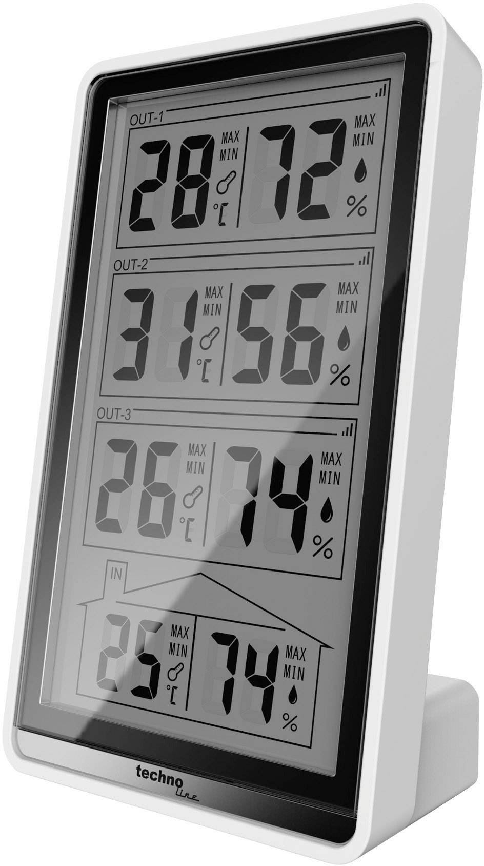Digitales Thermometer mit vier Anzeigen. Zeigt Temperatur und Luftfeuchtigkeit für drei verschiedene Bereiche (OUT-1, OUT-2, OUT-3). Temperatur in Grad Celsius, Luftfeuchtigkeit in Prozent.