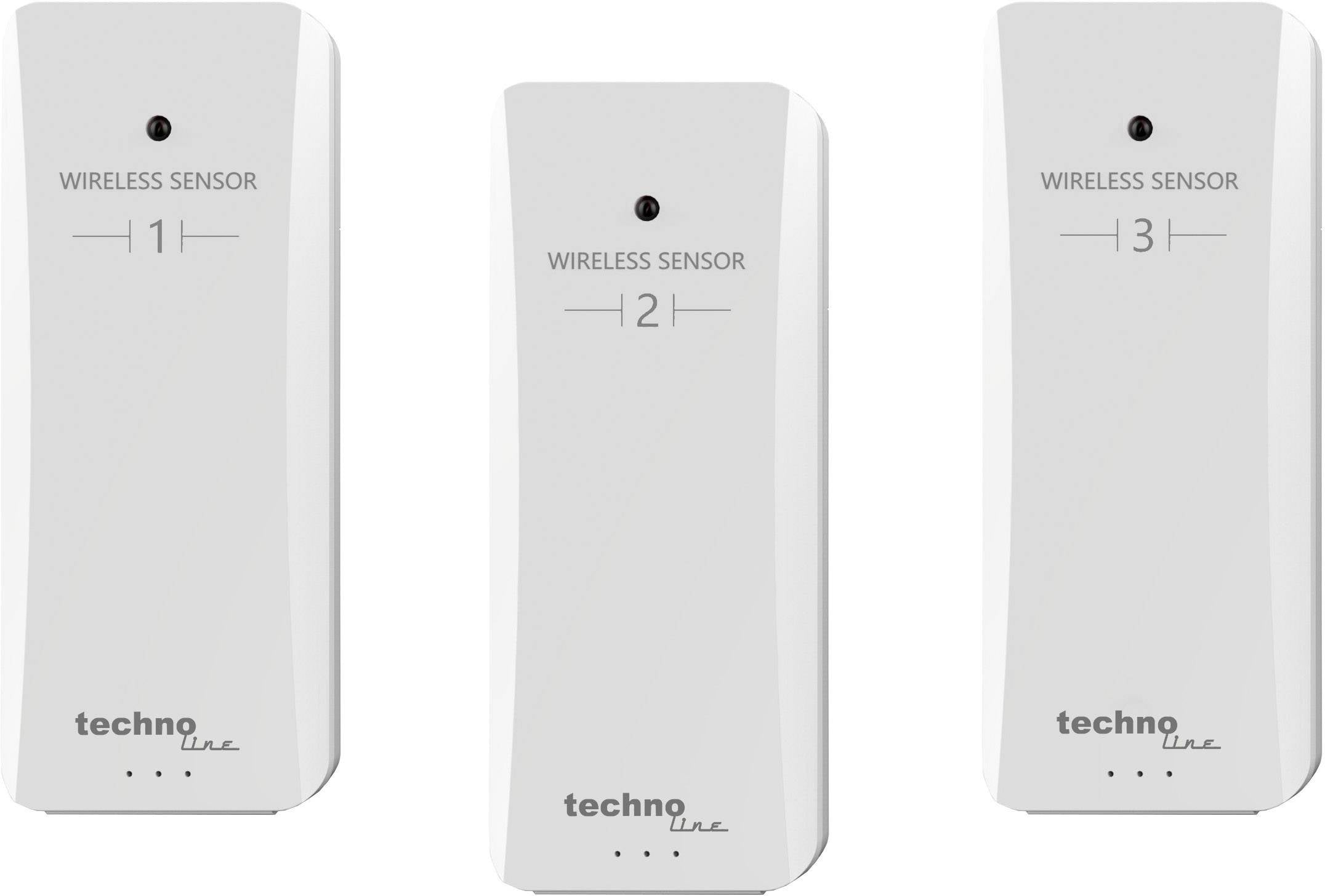 Drei kabellose Sensoren mit der Beschriftung 'Wireless Sensor 1', 'Wireless Sensor 2' und 'Wireless Sensor 3', alle von 'Techno Line'.