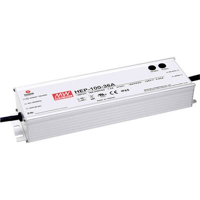 'Aluminiumgehäuse von MEAN WELL HEP-100-36A Schaltnetzteil, Eingang 100-305V AC, Ausgang 36V 2.8A, IP65, robuste Bauweise für industrielle Anwendungen.'