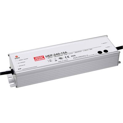 Ein silbernes, rechteckiges LED-Netzteil mit der Aufschrift 'HEP-240-15A' auf der Oberseite, geeignet für Außenbereich, IP65.