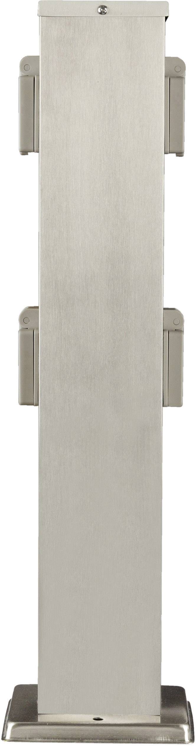 Metallene Stele mit mehreren Steckdosen auf beiden Seiten, zum Anschluss von elektrischen Geräten. Ideal für Außen- oder Innenbereiche geeignet.