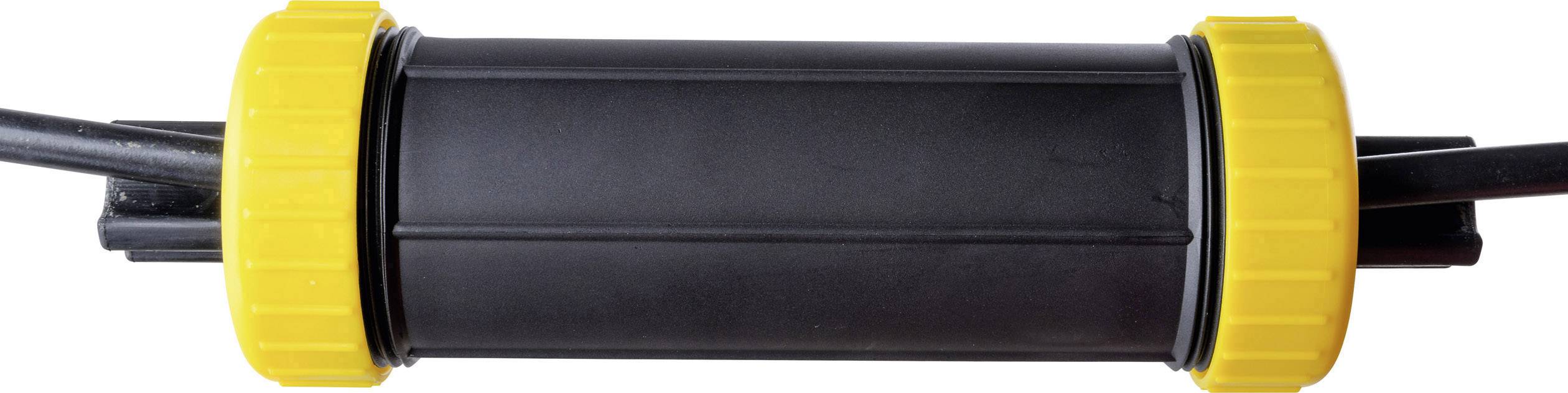 Ein zylinderförmiges schwarzes Bauteil mit gelben Endkappen. Es könnte ein Verbindungselement oder eine Art von Kabelschutz sein.