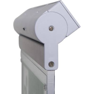 Ein silberner, zylindrischer Aluminium-Visitenkartenhalter mit Schrauben an der Seite, montiert auf einer Glasplatte.