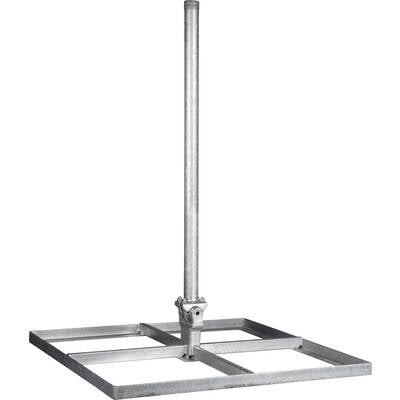 Ein metallischer Dachhalter mit quadratischem Grundrahmen und vertikalem Rohr, verwendet zur Befestigung von Antennen oder anderen Geräten.