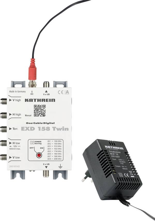Kathrein EXD 158 Twin SAT Multischalter Kaskade Unicable Eingänge (Multischalter): 5 (4 SAT/1 terrestrisch) Teilnehmer-Anzahl: 16
