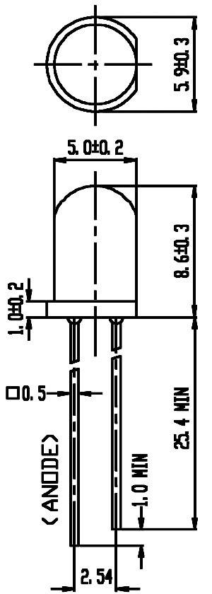 Technische Zeichnung einer LED mit Maßen: 5 mm Durchmesser, 8,6 mm Höhe. Beinlänge: 25,4 mm. Anode markiert, symmetrisches Design.