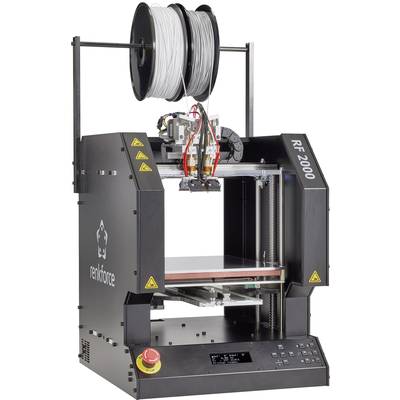 3D-Drucker mit zwei Spulen oben, zeigt die offene Druckfläche und Bedienelemente unten. Modell 'renkforce RF-2000'.