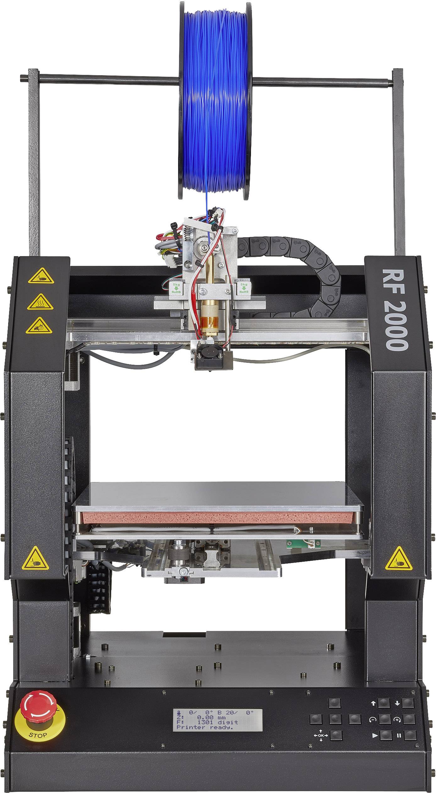 Ein 3D-Drucker mit blauem Filament und einem Display an der Vorderseite. Das Gerät hat ein kompaktes, rechteckiges Design.
