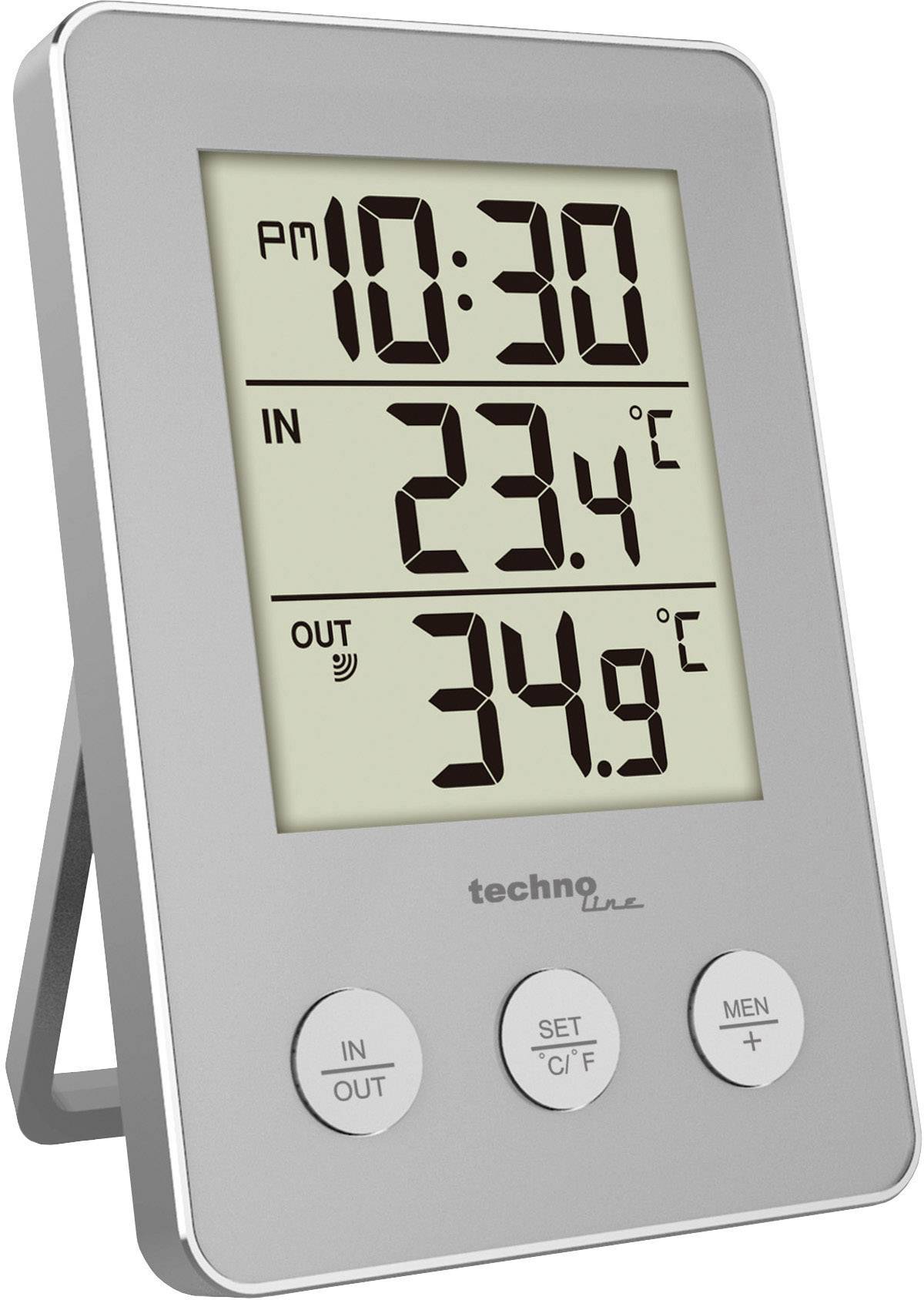Digitales Thermometer mit Uhrzeit '10:30 PM', Innentemperatur '23,4 °C', und Außentemperatur '34,9 °C'.