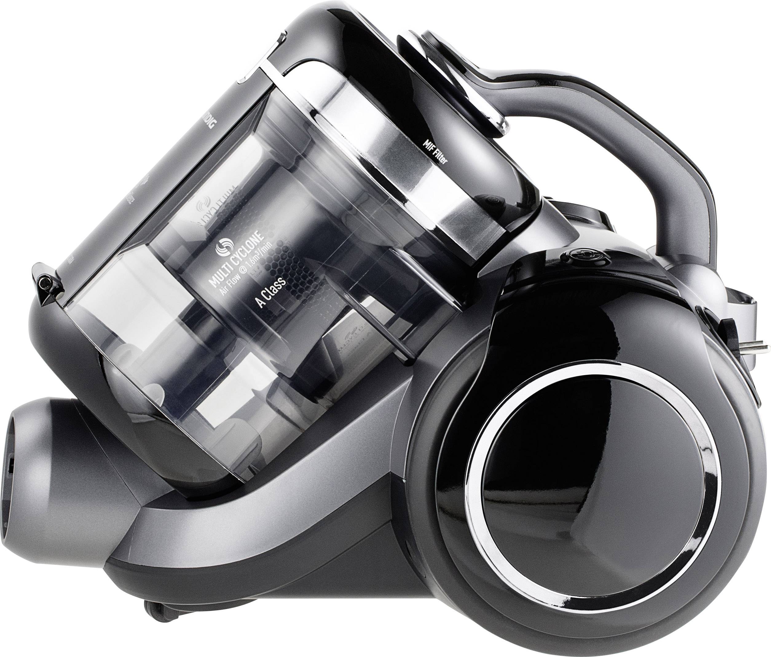 Beutelloser Staubsauger mit schwarzem und grauem Design; kompakte, moderne Form mit sichtbarem Staubbehälter und Griff.