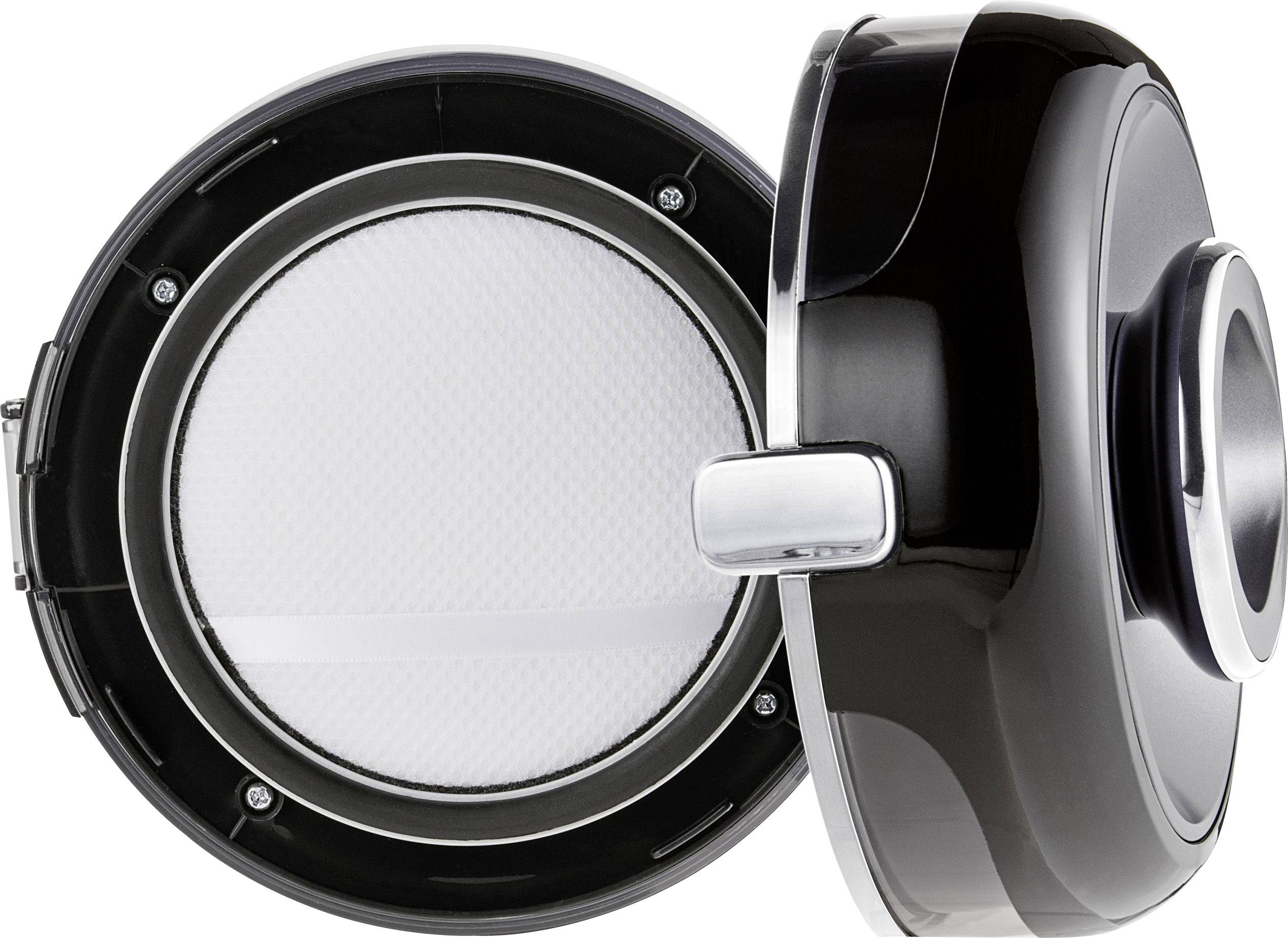 Luftreinigerfilter in runder Plastikhülle, geöffnet und freigelegt, zeigt feines, weißes Filtermaterial.