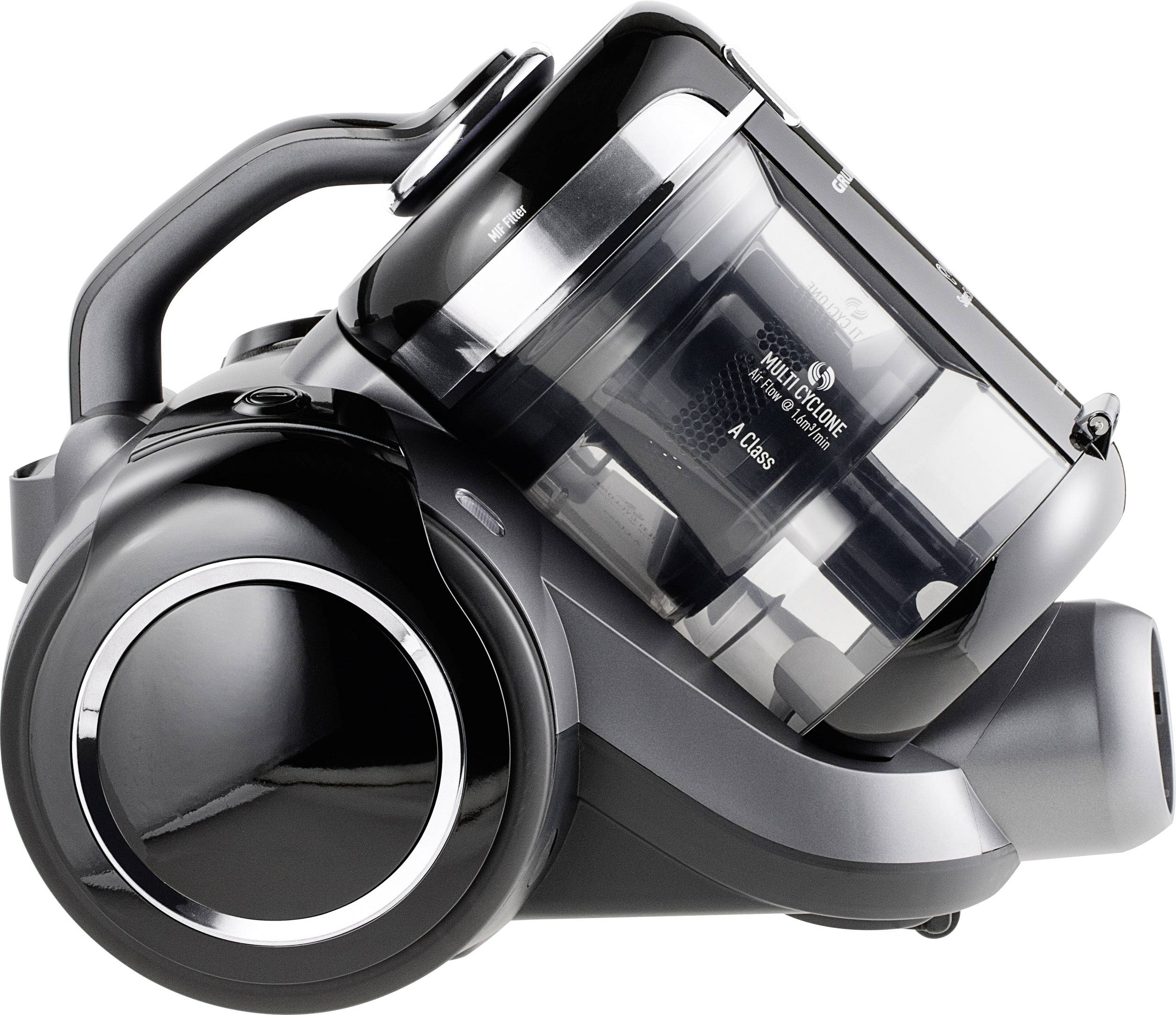 Ein schwarzer, moderner Staubsauger mit transparenter Behälterkammer, seitlich gezeigt. Geeignet für effiziente Haushaltsreinigung.