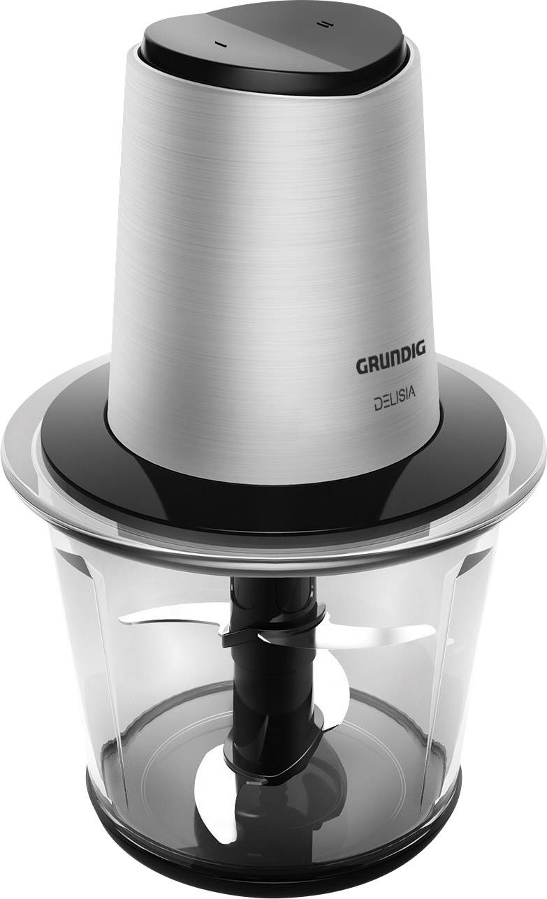 Ein silberner Küchen-Zerkleinerer mit durchsichtigem Behälter und schwarzem Deckel. Marke 'Grundig', Modell 'Delisia'.