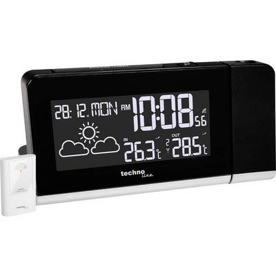 Schwarzer Digitalwecker zeigt Datum '28.12. Montag', Uhrzeit '10:08', Wetter mit Sonne und Wolken, Temperaturen innen '26,3°C', außen '28,5°C'.