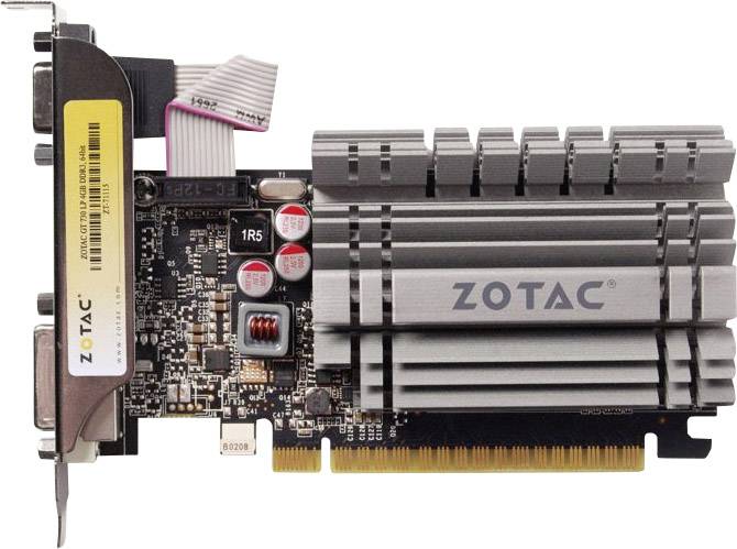 Eine Grafikkarte von Zotac mit passiver Kühlung, PCIe-Anschluss und mehreren Kondensatoren auf der Platine.