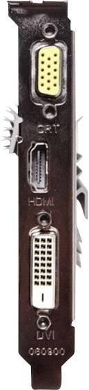 Rückseite einer Grafikkarte mit VGA-, HDMI- und DVI-Anschlüssen.