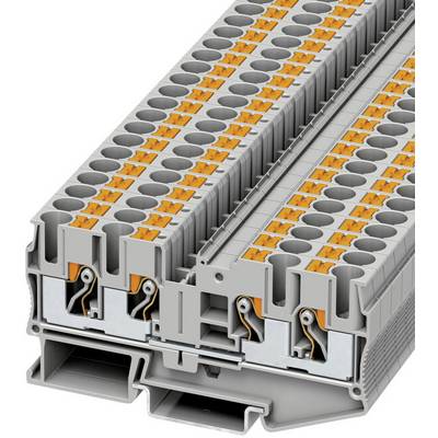 Graue Reihenklemmleiste mit orangenen Betätigern, ausgelegt für den industriellen Einsatz zur Verbindung elektrischer Leiter in Schaltschränken.