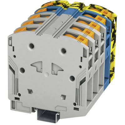 Grauer elektrischer Reihenklemmenblock mit mehreren Anschlüssen, farbig markierten Kabelkanälen in Blau, Gelb und Orange.