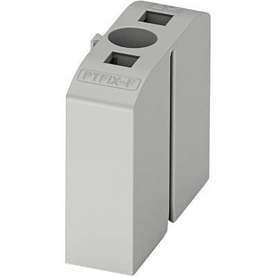 Grauer Kunststoffblock mit rechteckigen Aussparungen und Aufschrift 'PTFIX-F' auf der Oberseite, vermutlich ein elektrisches Verbindungselement.