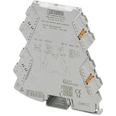 Ein graues elektrisches Signalübertragungsgerät von Phoenix Contact, das auf einer DIN-Schiene montiert wird, mit mehreren Kabelanschlüssen.