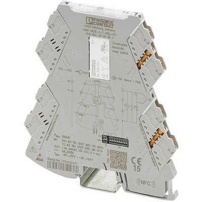 Ein graues elektronisches Schaltgerät mit Beschriftungen und Anschlüssen. Es dient als Temperaturschwellenrelais für elektrische Systeme.