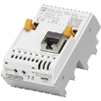 Ethernet-Modul von Phoenix Contact, weißes Gehäuse, montiert auf DIN-Schiene, Ethernet-Port vorne, NFC-Symbol sichtbar.