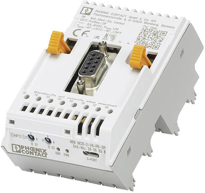 Ein elektrisches Gerät von Phoenix Contact mit Anschlussklemmen und einem DB9-Stecker, als Hutschienenmodul montierbar.