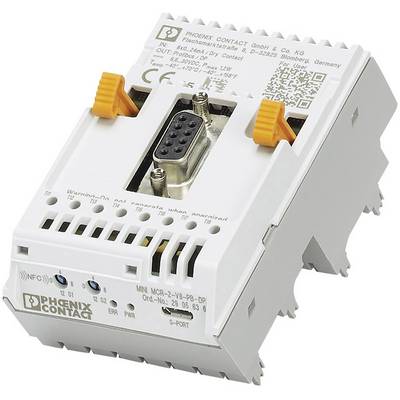 Ein elektrisches Gerät von Phoenix Contact mit Anschlussklemmen und einem DB9-Stecker, als Hutschienenmodul montierbar.