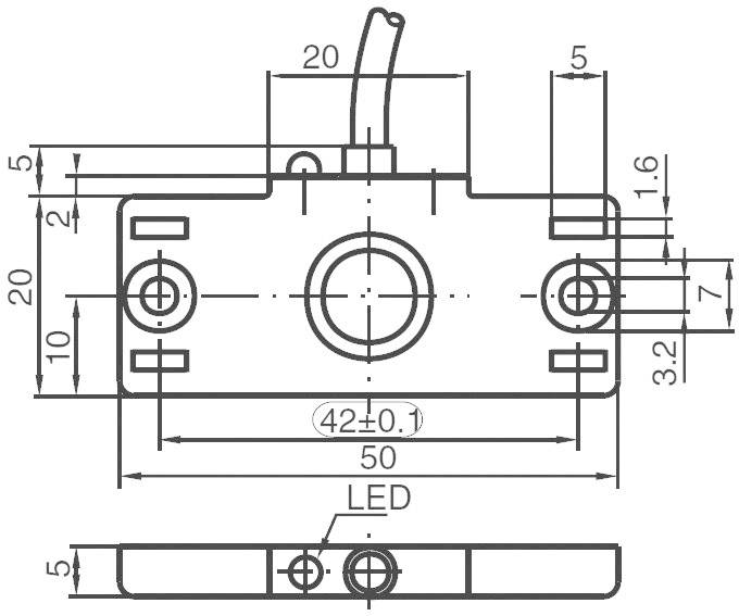 Technische Zeichnung eines elektrischen Bauteils mit Maßen in Millimetern. Zeigt Anschlüsse, LED-Position und Befestigungslöcher.