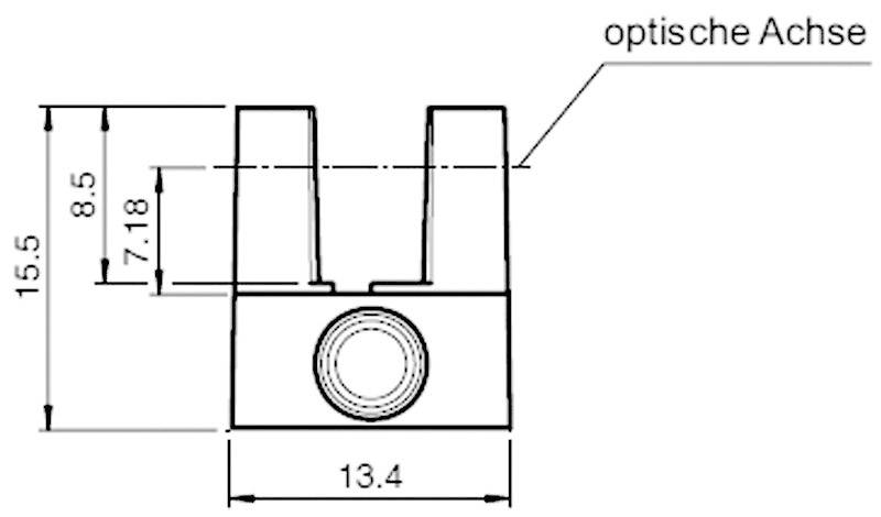 Technische Zeichnung eines Bauteils mit Maßen. Beschriftete 'optische Achse' zeigt zentrale Ausrichtung. Maße: 15,5 x 13,4.