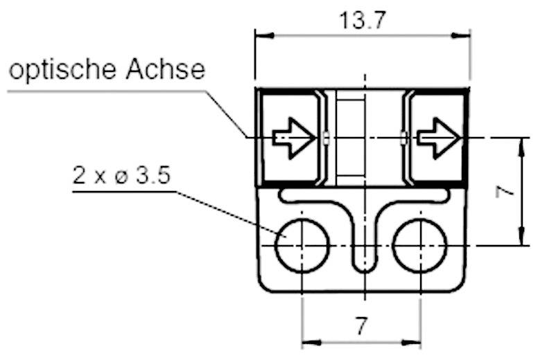 Technische Zeichnung eines rechteckigen Bauteils mit Bemaßungen: Breite 13,7 mm, Höhe 7 mm. Markierungen für 'optische Achse'.
