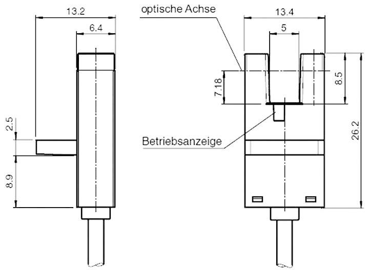 Technische Zeichnung eines Sensors mit Maßen in Millimetern. Hauptansichten zeigen die optische Achse. Beschriftungen: 'optische Achse', 'Betriebsanzeige'.