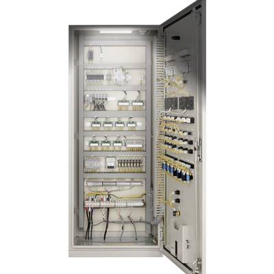 Ein geöffneter Schaltschrank zeigt eine komplexe Verkabelung und elektrische Komponenten, die für die Steuerung und Verteilung von Energie verwendet werden.