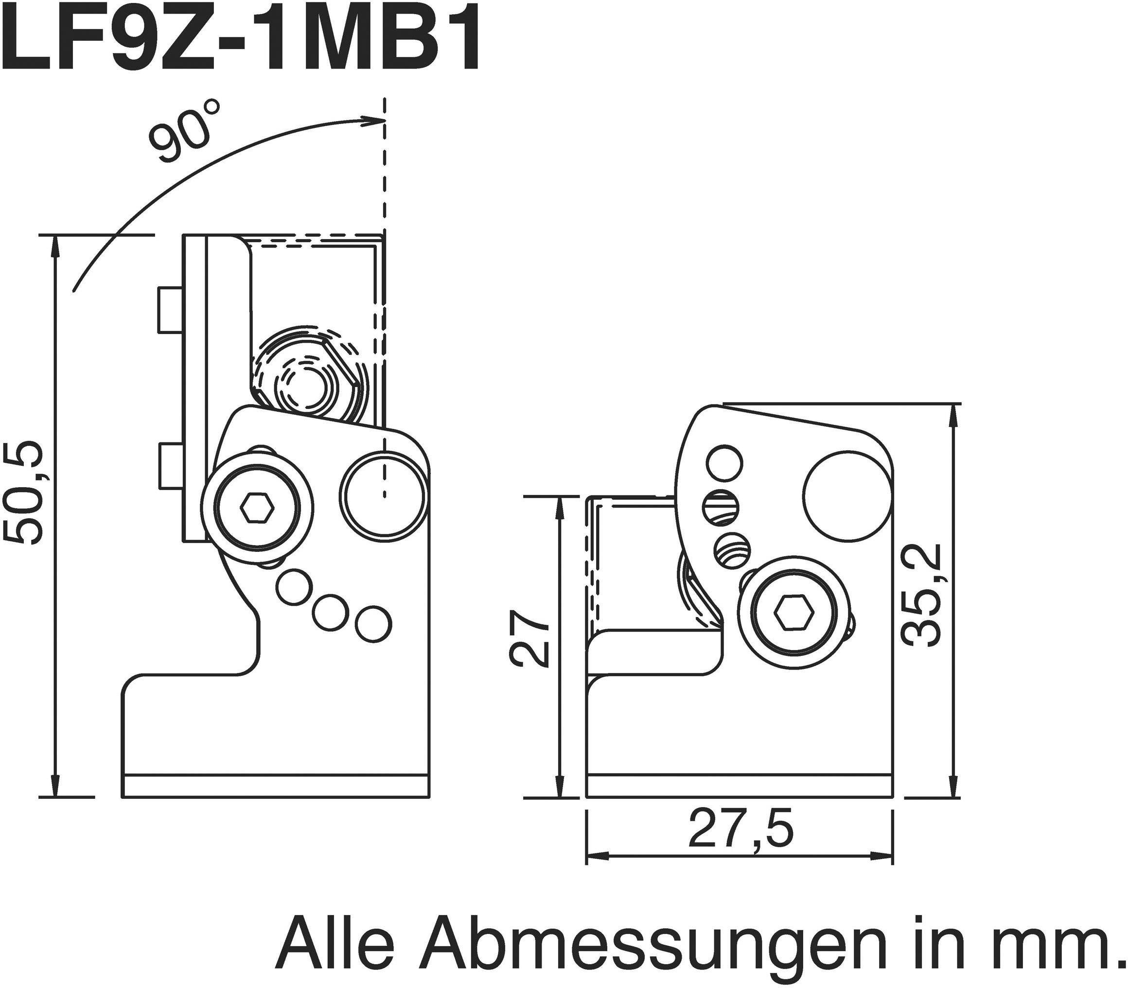 'Technische Zeichnung eines Bauteils, Modell LF9Z-1MB1. Maße: Höhe 50,5 mm, Breite 27,5 mm, Tiefe 35,2 mm. Winkel 90 Grad. Alle Abmessungen in mm.'
