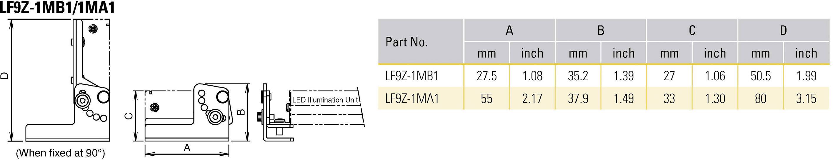 Diagramm eines Haltewinkels in verschiedenen Ansichten mit Tabellenangaben: 'Teilenummer', 'A', 'B', 'C', 'D' in mm und inch.